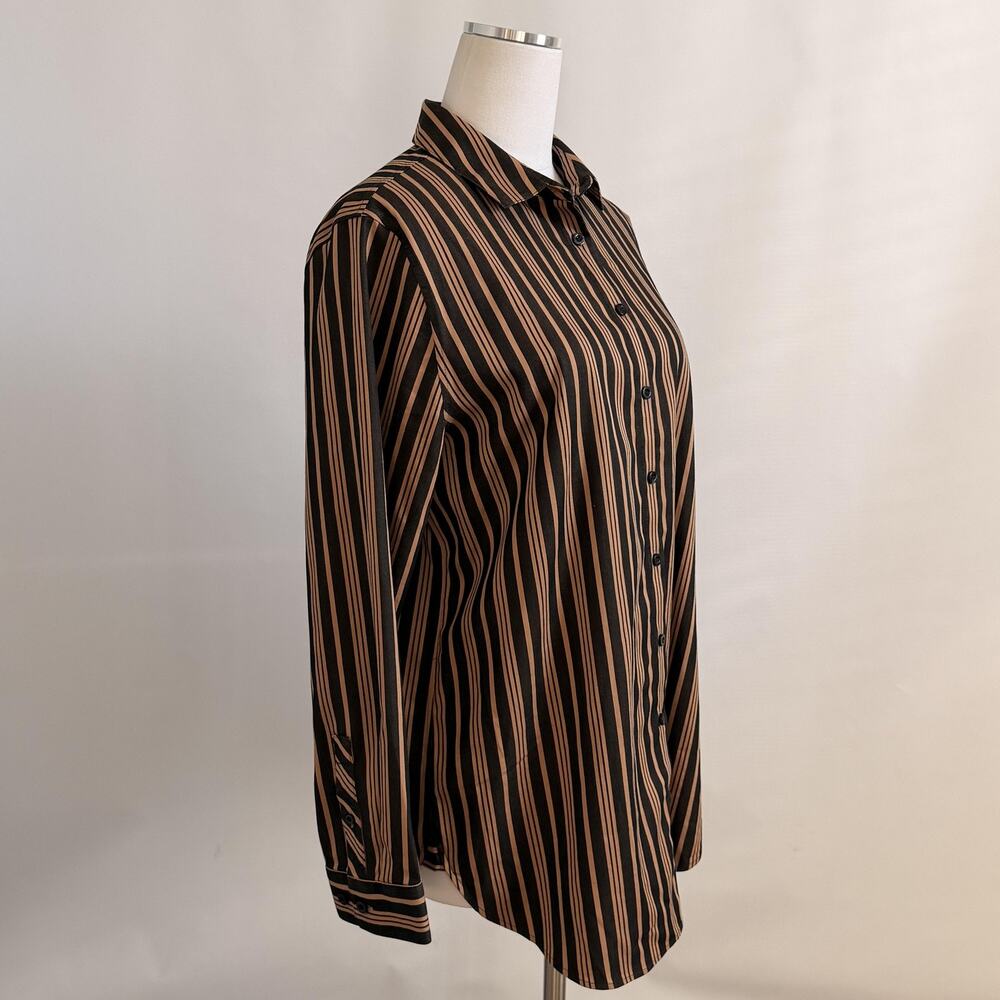 Chicos Shirt Womens 12 Black Tan Stripe Button Front Long Sleeve Stretch Blouse - Picture 2 of 11